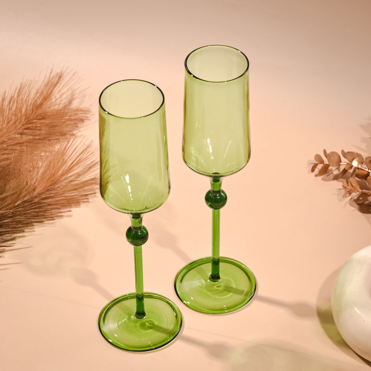 Bindu Green Flute Glass (Set of 2)